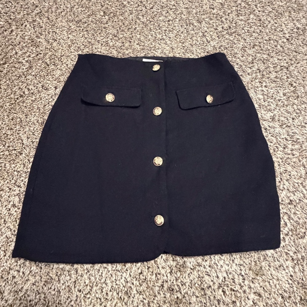 Loft Black Wool Blend Mini Skirt Gold Crest Button Front Pockets Size 2